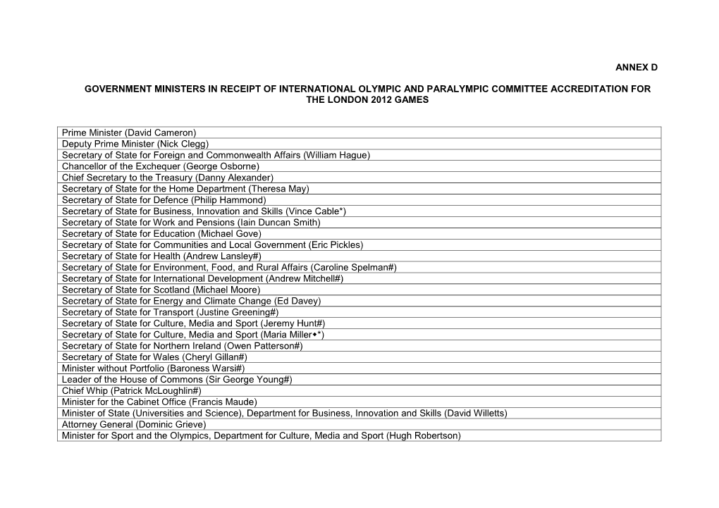 Government Ministers in Receipt of International Olympic and Paralympic Committee Accreditation for the London 2012 Games