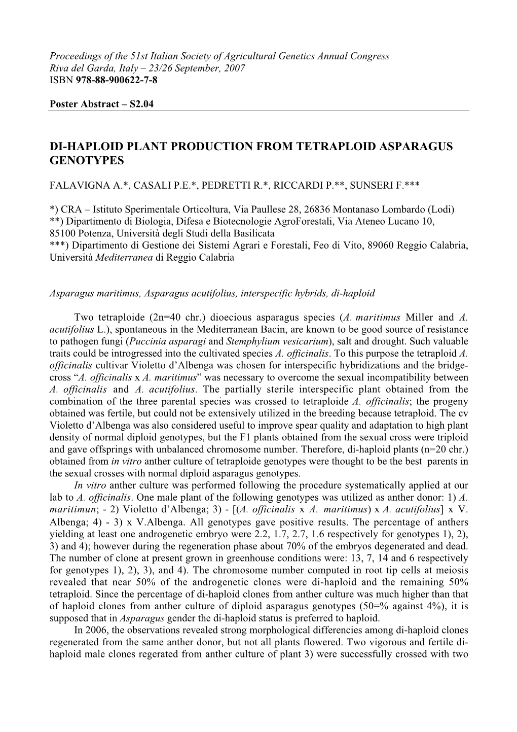 Di-Haploid Plant Production from Tetraploid Asparagus Genotypes