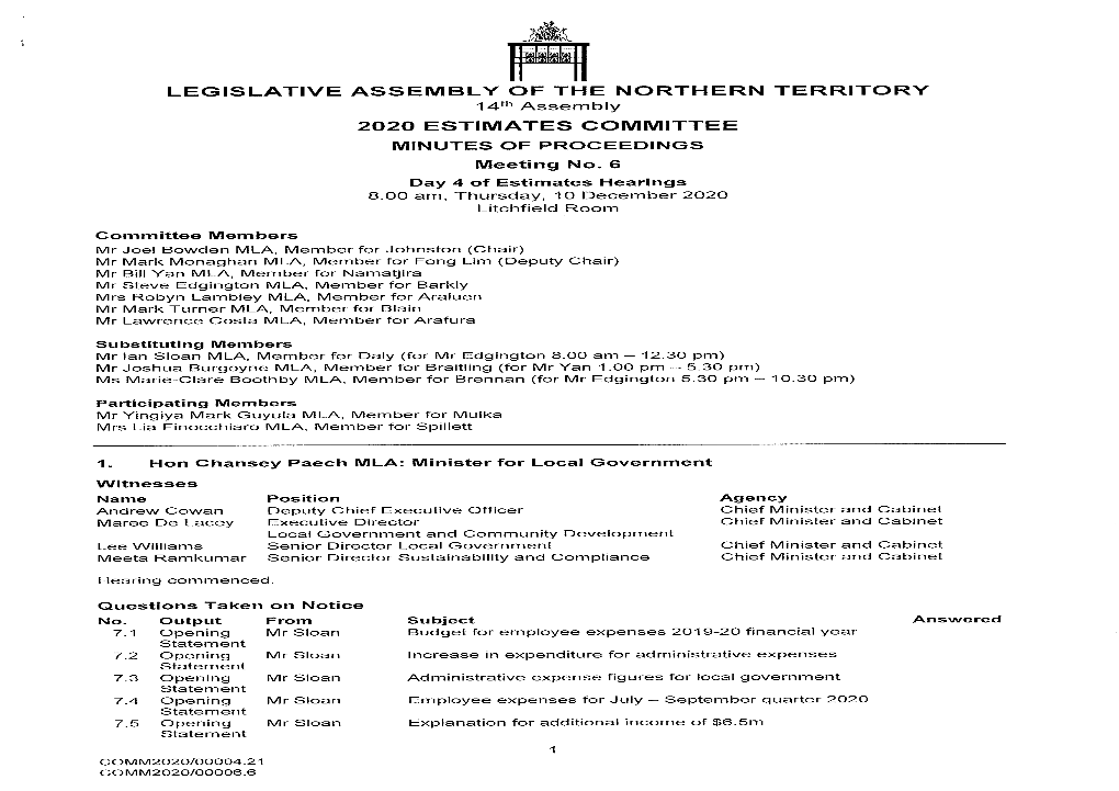 LEGISLATIVE ASSEMBLY of the NORTHERN TERRITORY 14Th Assembly 2020 ESTIMATES COMMITTEE MINUTES of PROCEEDINGS Meeting No