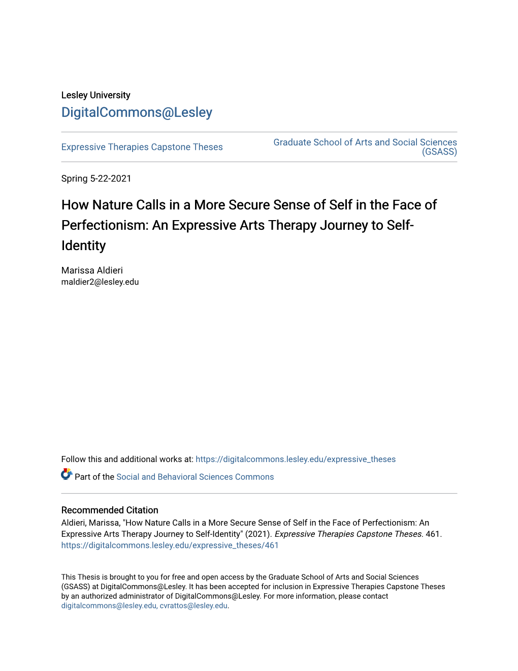 How Nature Calls in a More Secure Sense of Self in the Face of Perfectionism: an Expressive Arts Therapy Journey to Self- Identity