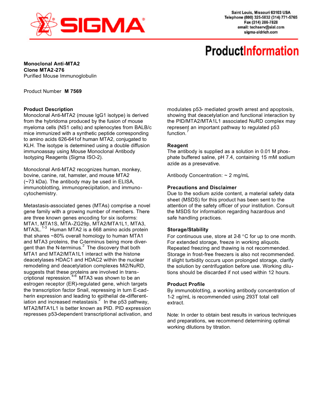 Monoclonal Anti-MTA2 Clone MTA2-276 Purified Mouse Immunoglobulin