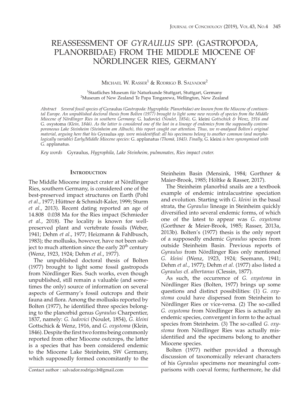 Reassessment of Gyraulus Spp. (Gastropoda, Planorbidae) from the Middle Miocene of Nördlinger Ries, Germany