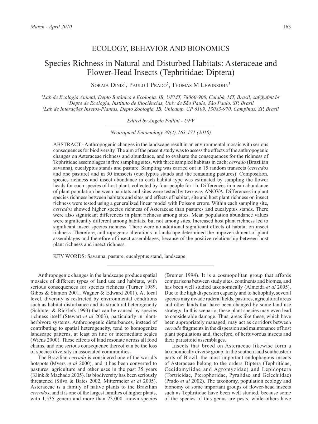 Species Richness in Natural and Disturbed Habitats: Asteraceae and Flower-Head Insects (Tephritidae: Diptera)
