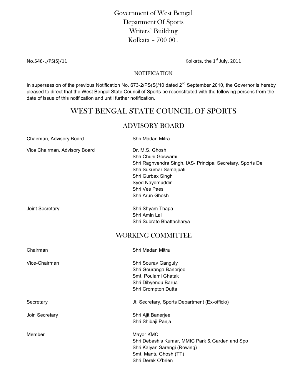 West Bengal State Council of Sports Be Reconstituted with the Following Persons from the Date of Issue of This Notification and Until Further Notification