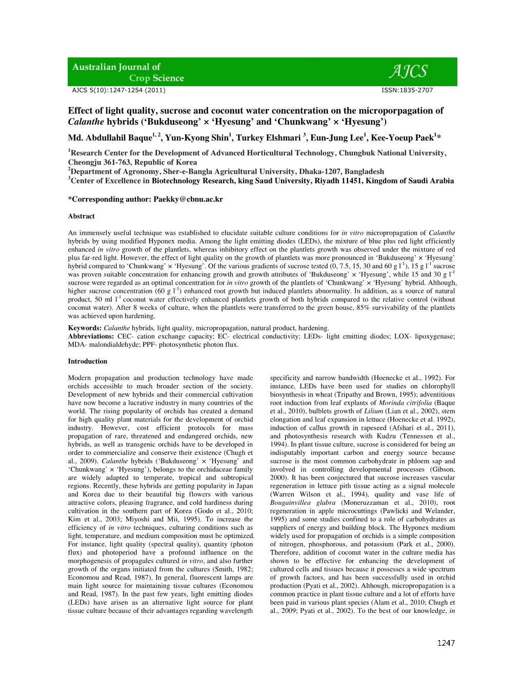 Effect of Light Quality, Sucrose and Coconut Water Concentration on the Microporpagation of Calanthe Hybrids (‘Bukduseong’ × ‘Hyesung’ and ‘Chunkwang’ × ‘Hyesung’)