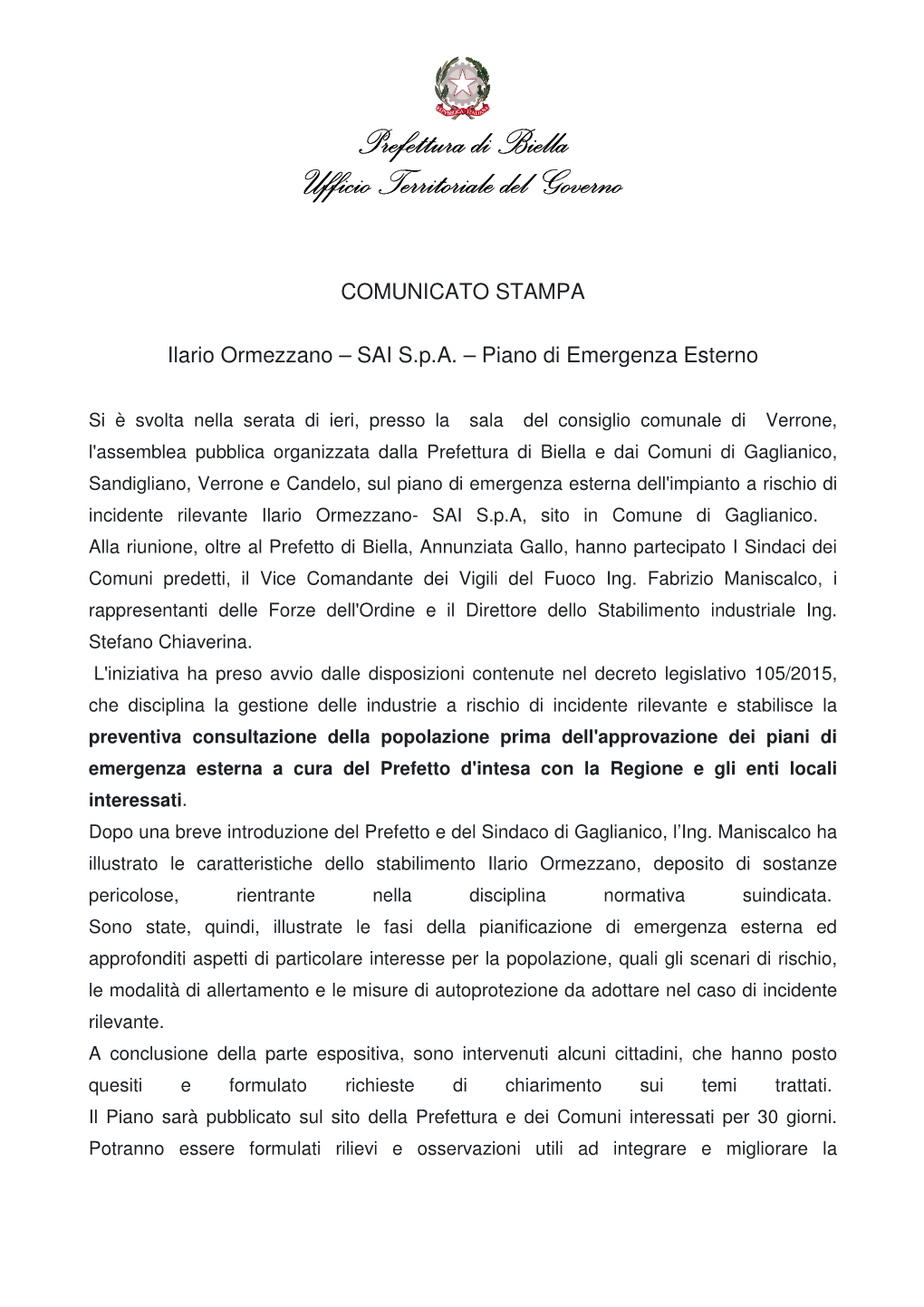Prefettura Di Biella-Comunicato 10.05.2019