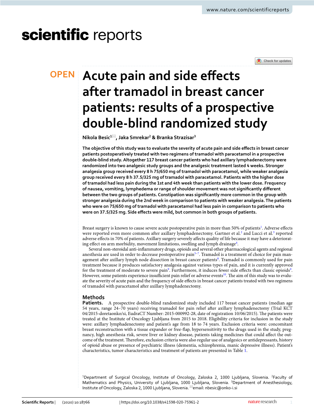 Acute Pain and Side Effects After Tramadol in Breast Cancer