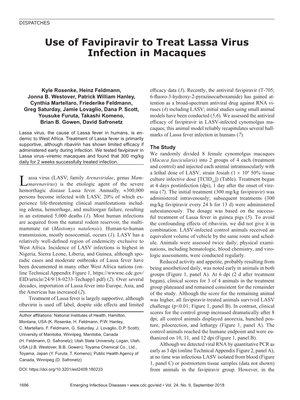 Use of Favipiravir to Treat Lassa Virus Infection in Macaques