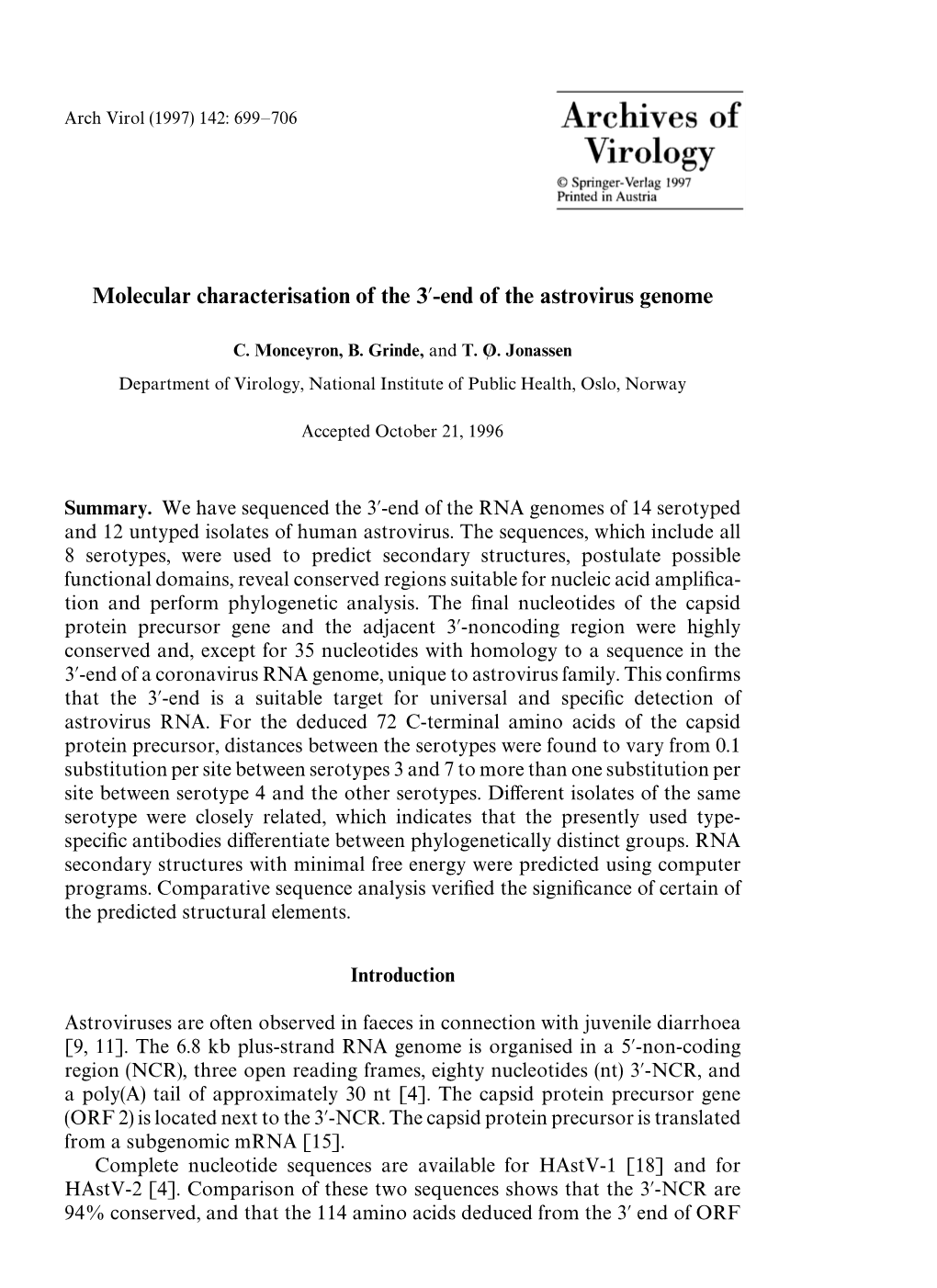 Molecular Characterisation of the 3 -End of the Astrovirus Genome