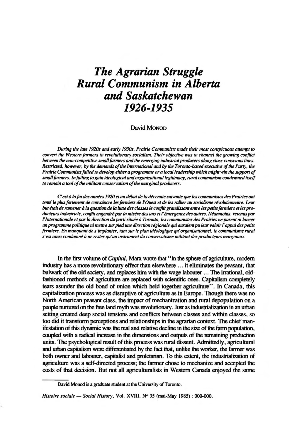 The Agrarian Struggle Rural Communism in Alberta and Saskatchewan 1926-1935