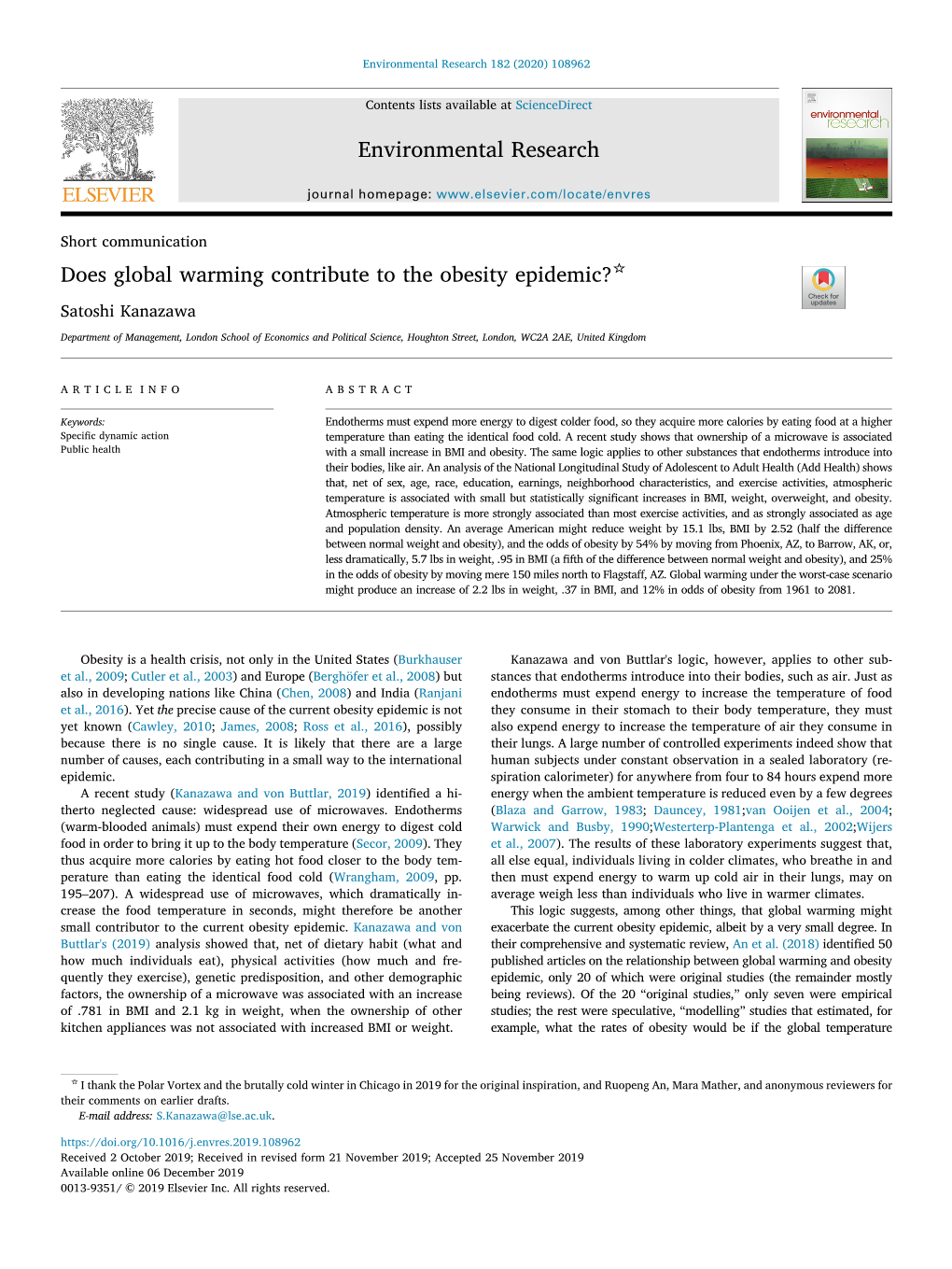 Does Global Warming Contribute to the Obesity Epidemic? T Satoshi Kanazawa