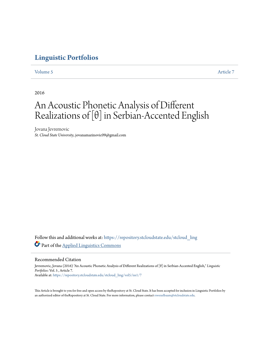 An Acoustic Phonetic Analysis of Different Realizations of [Θ] in Serbian-Accented English Jovana Jevremovic St