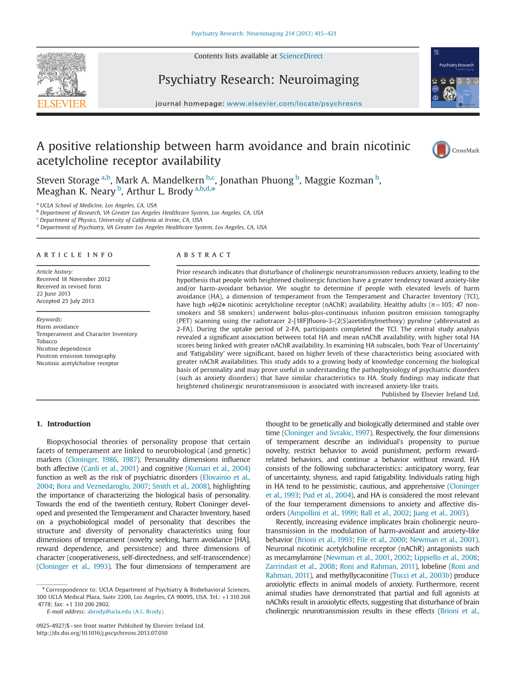 A Positive Relationship Between Harm Avoidance and Brain Nicotinic Acetylcholine Receptor Availability