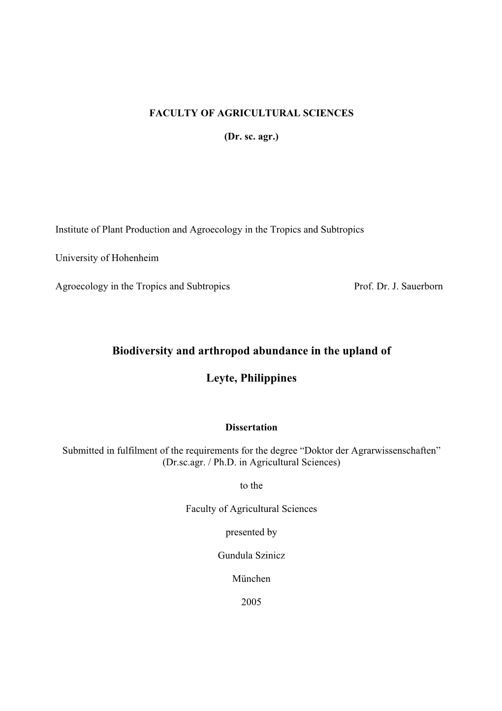 Biodiversity and Arthropod Abundance in the Upland of Leyte, Philippines