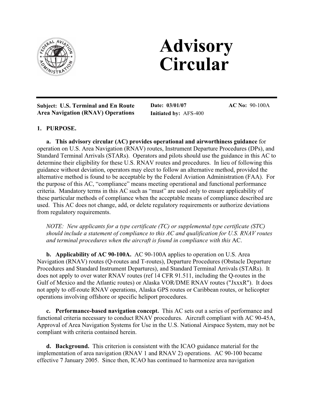 Advisory Circular (AC) Provides Operational and Airworthiness Guidance for Operation on U.S