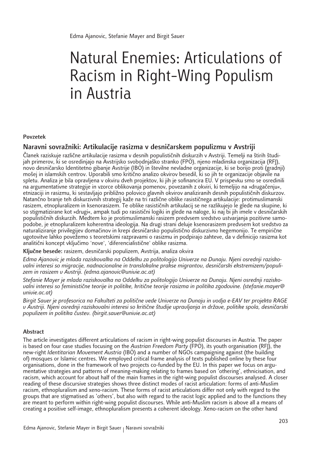 Articulations of Racism in Right-Wing Populism in Austria