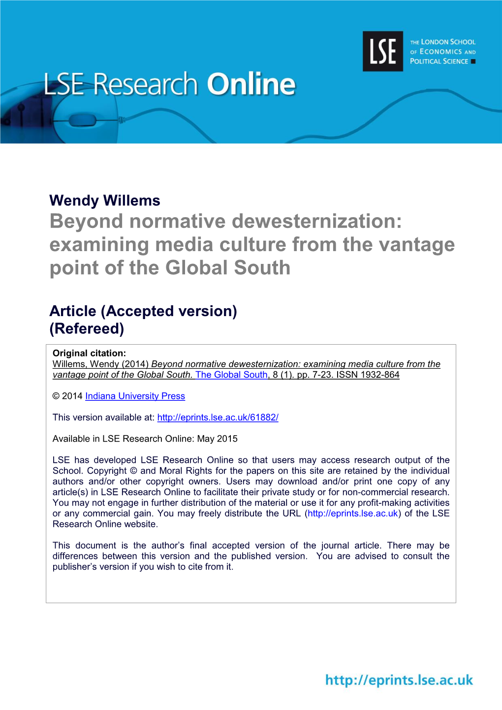 Beyond Normative Dewesternization: Examining Media Culture from the Vantage Point of the Global South