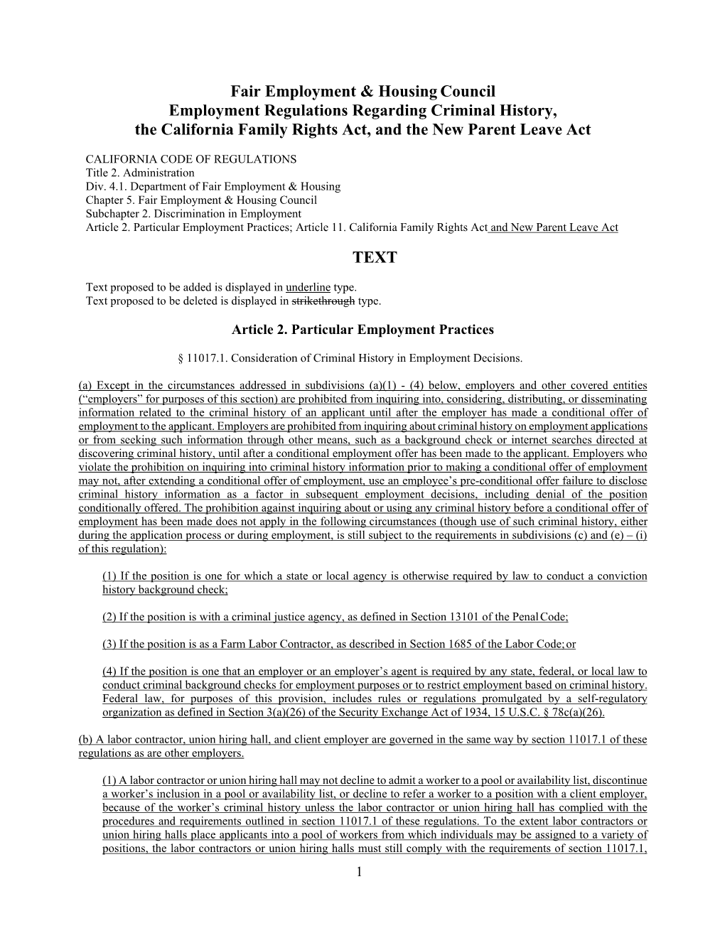 Final Text of Employment Regulations Regarding Criminal History, the California Family Rights Act, and the New Parent Leave
