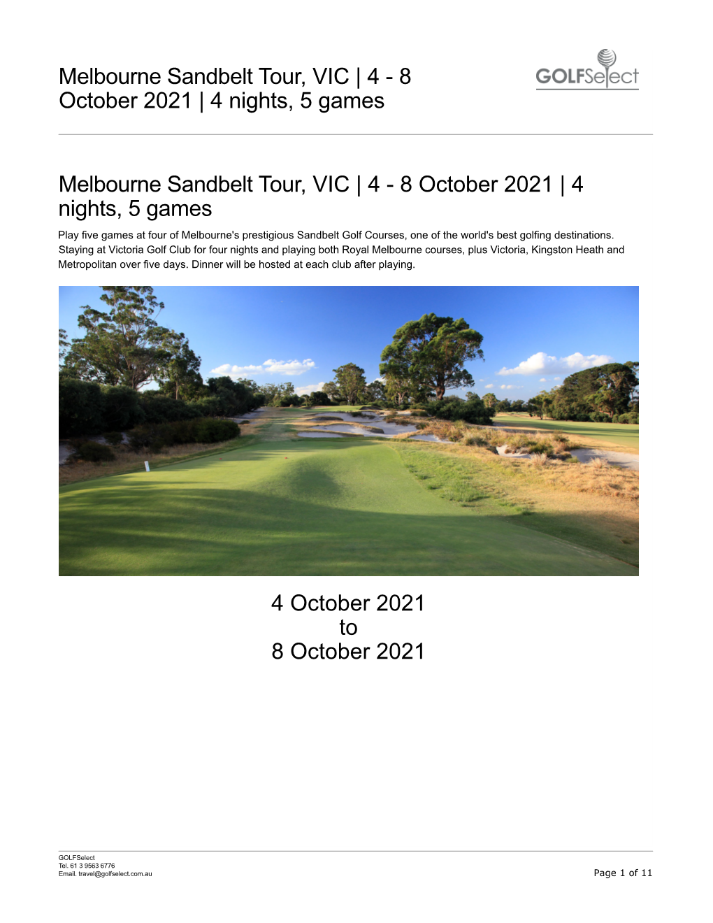 Melbourne Sandbelt Tour, VIC | 4 - 8 October 2021 | 4 Nights, 5 Games