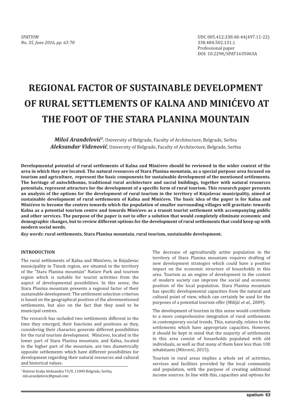 Regional Factor of Sustainable Development of Rural Settlements of Kalna and Minićevo at the Foot of the Stara Planina Mountain