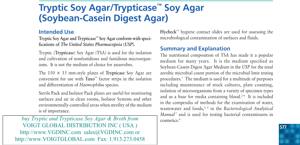 Tryptic Soy Agar/Trypticase™ Soy Agar (Soybean-Casein Digest Agar)