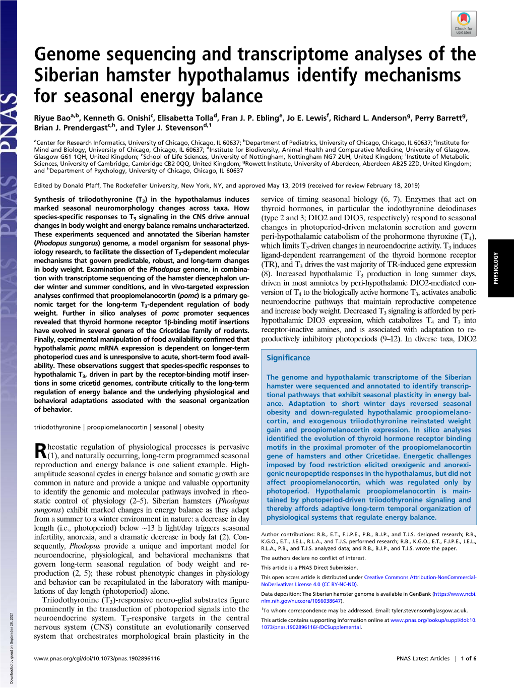 Genome Sequencing and Transcriptome Analyses of the Siberian Hamster Hypothalamus Identify Mechanisms for Seasonal Energy Balance