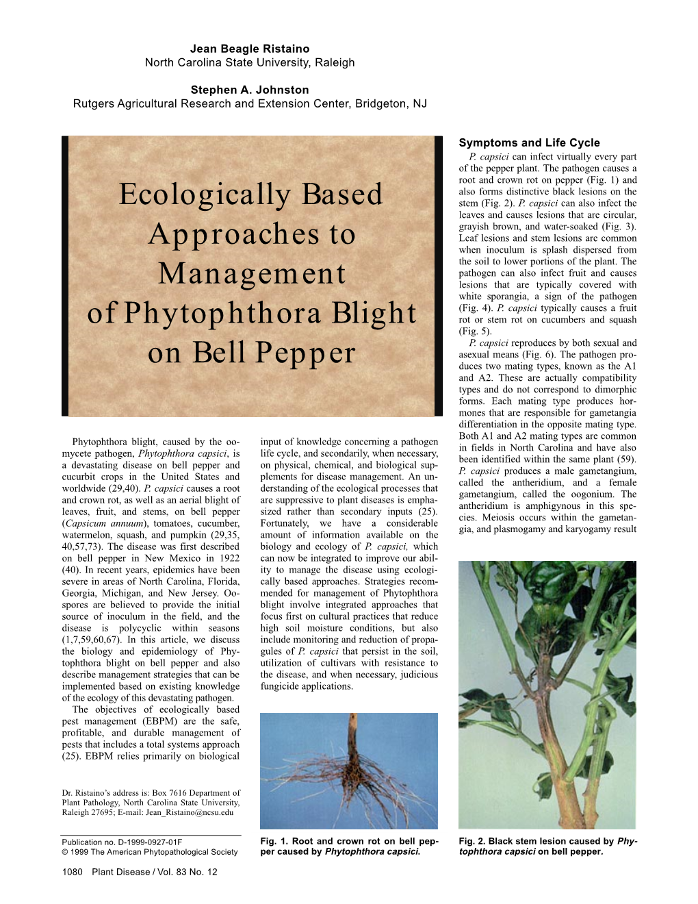 Ecologically Based Approaches to Management of Phytophthora Blight on Bell Pepper