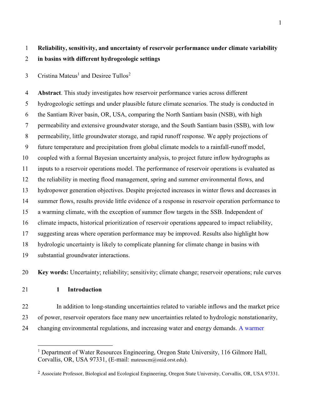 1 Reliability, Sensitivity, and Uncertainty of Reservoir Performance Under Climate Variability 1 in Basins with Different Hydrog