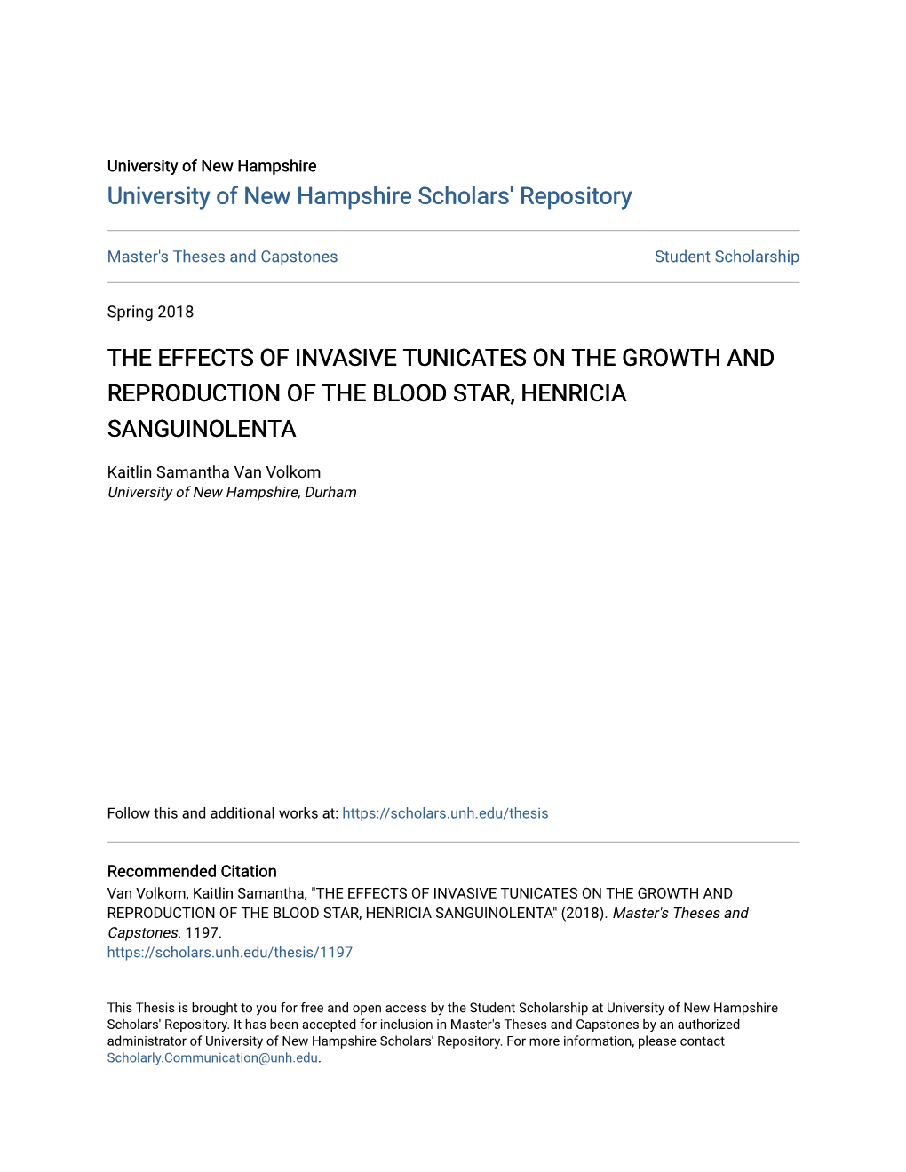 The Effects of Invasive Tunicates on the Growth and Reproduction of the Blood Star, Henricia Sanguinolenta