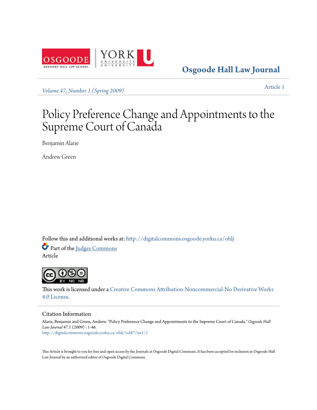 Policy Preference Change and Appointments to the Supreme Court of Canada Benjamin Alarie