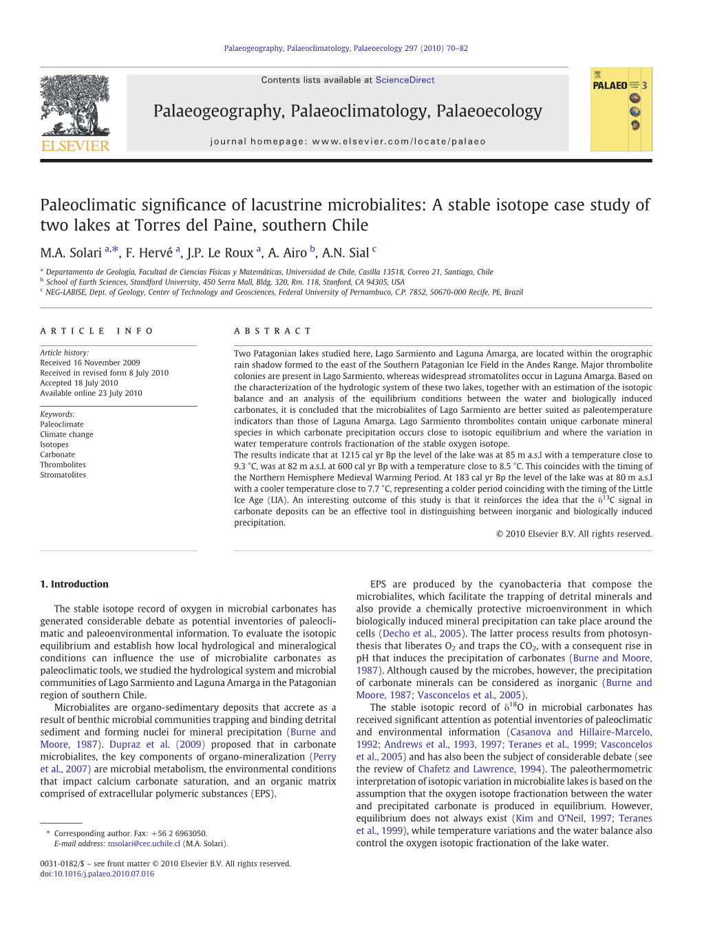 A Stable Isotope Case Study of Two Lakes at Torres Del Paine, Southern Chile