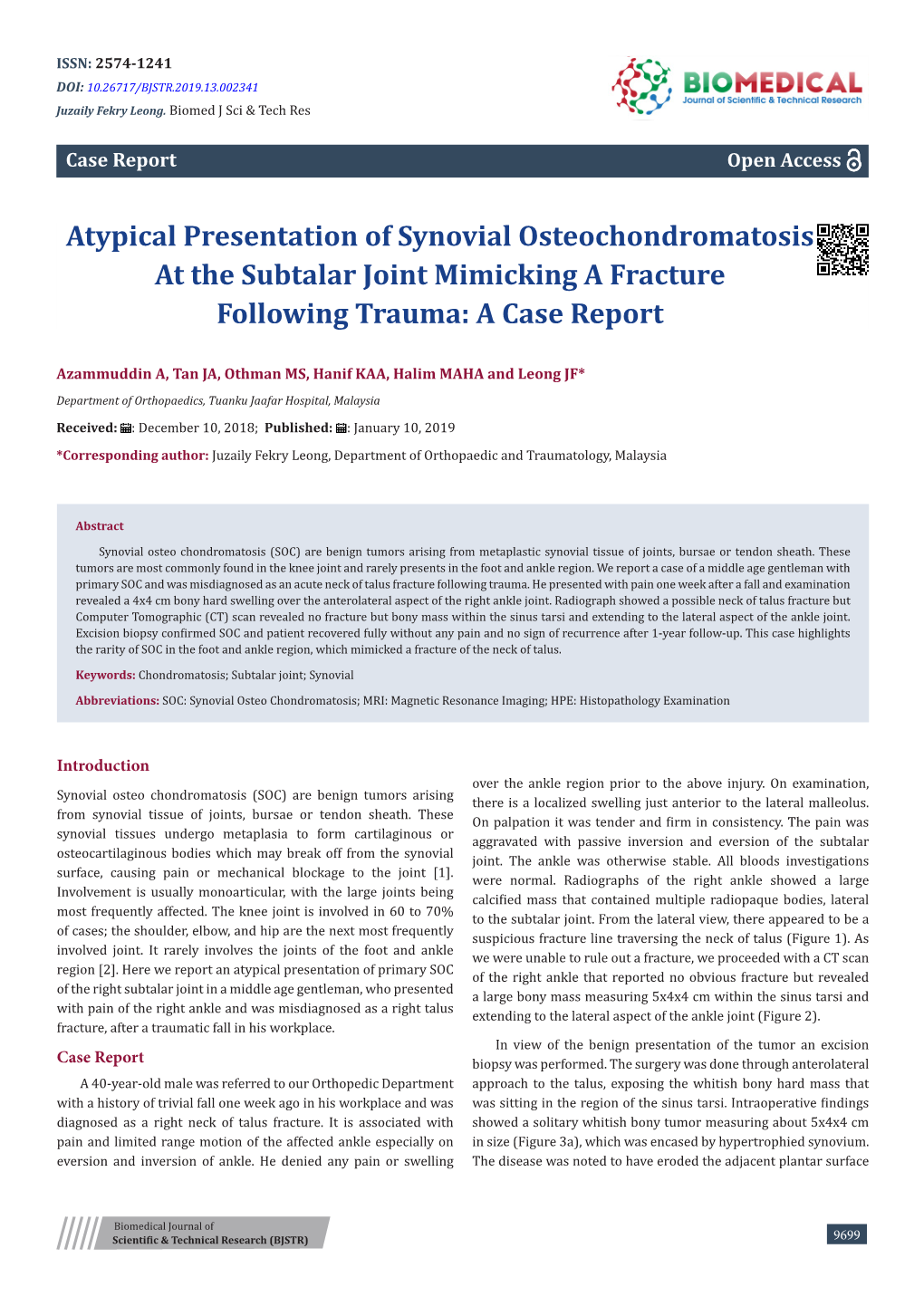 Atypical Presentation of Synovial Osteochondromatosis at the Subtalar Joint Mimicking a Fracture Following Trauma: a Case Report