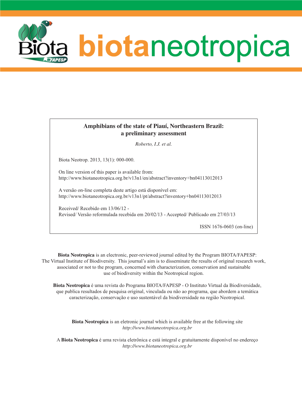 Amphibians of the State of Piauí, Northeastern Brazil: a Preliminary Assessment