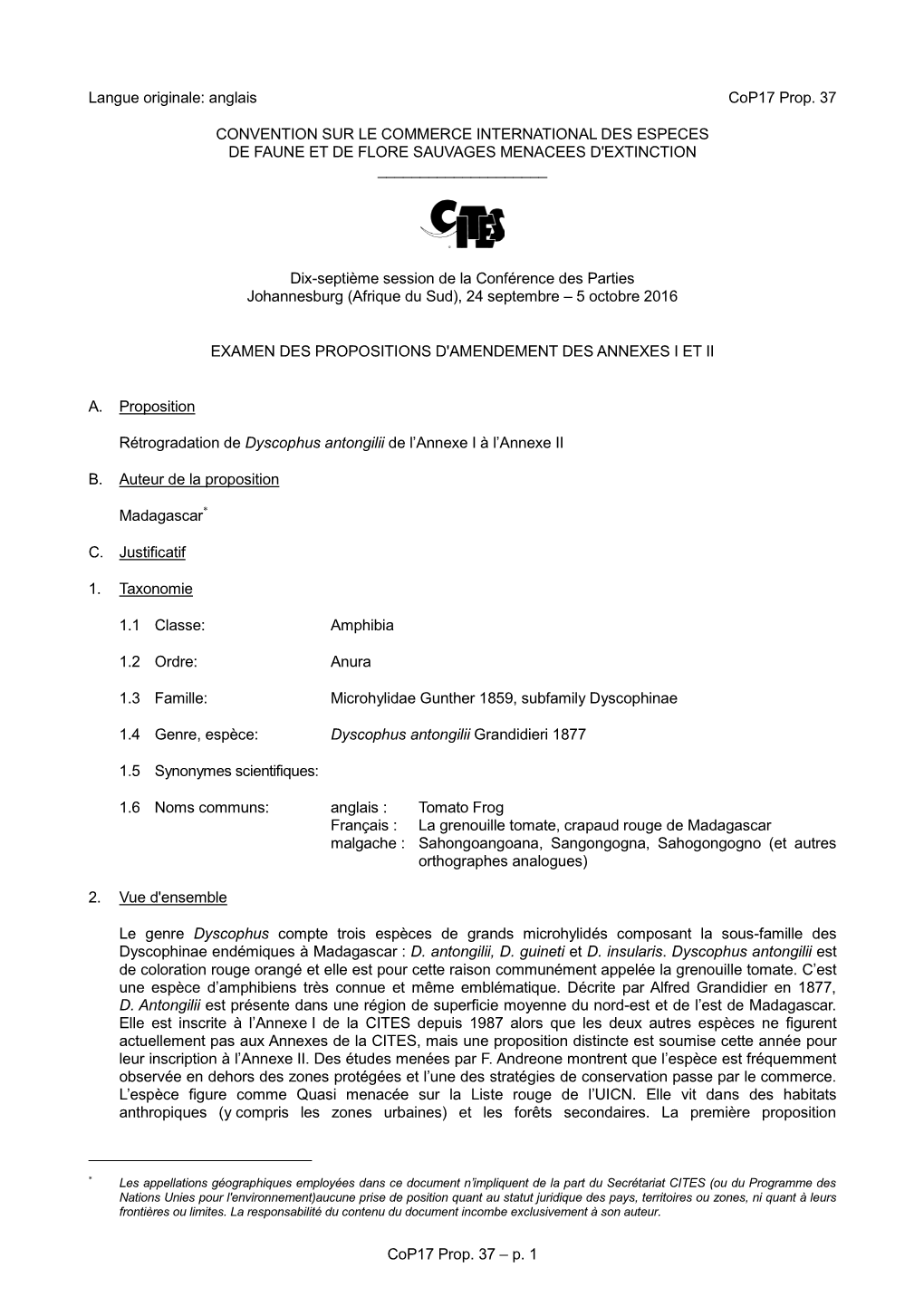 Proposal for Amendment of Appendix I Or II for CITES Cop16