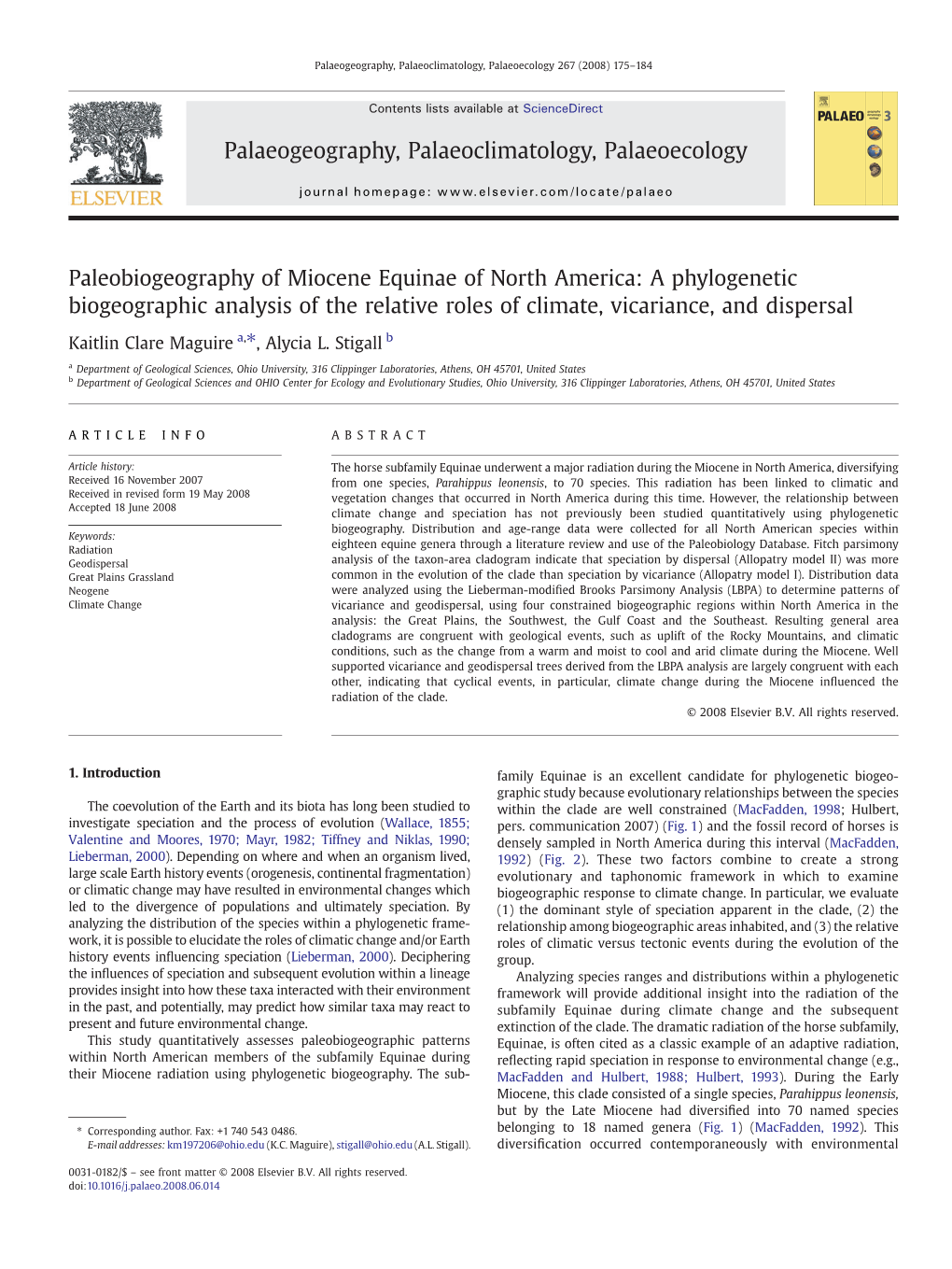 Paleobiogeography of Miocene Equinae of North America: a Phylogenetic Biogeographic Analysis of the Relative Roles of Climate, Vicariance, and Dispersal