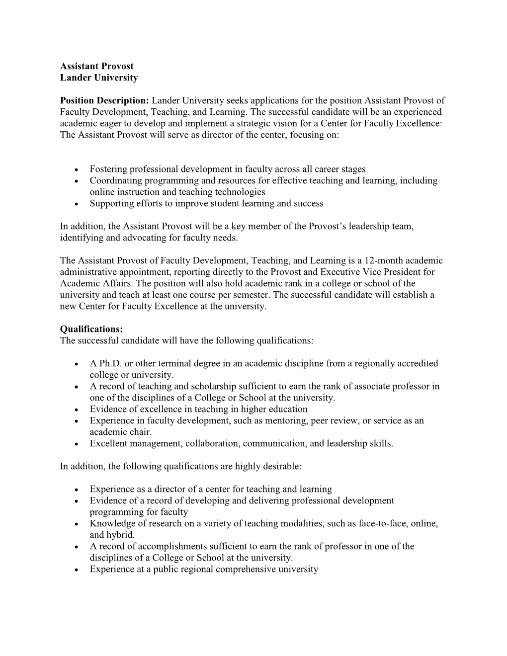 Assistant Provost Lander University Position Description