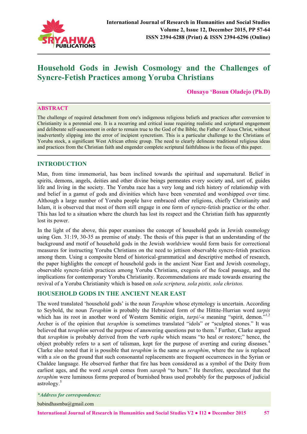 Household Gods in Jewish Cosmology and the Challenges of Syncre-Fetish Practices Among Yoruba Christians