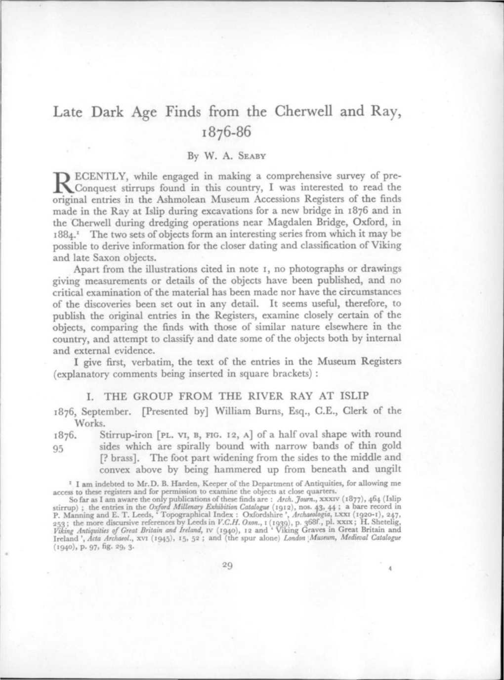 Late Dark Age Finds from the Cherwell and Ray, 1876-86