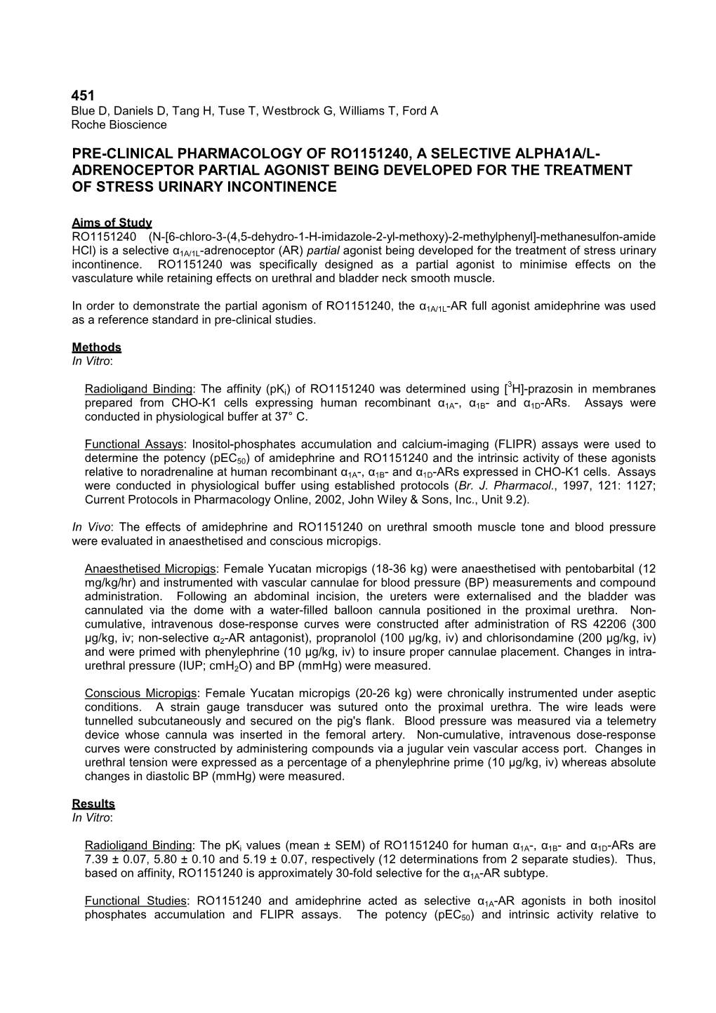 451 Pre-Clinical Pharmacology of Ro1151240