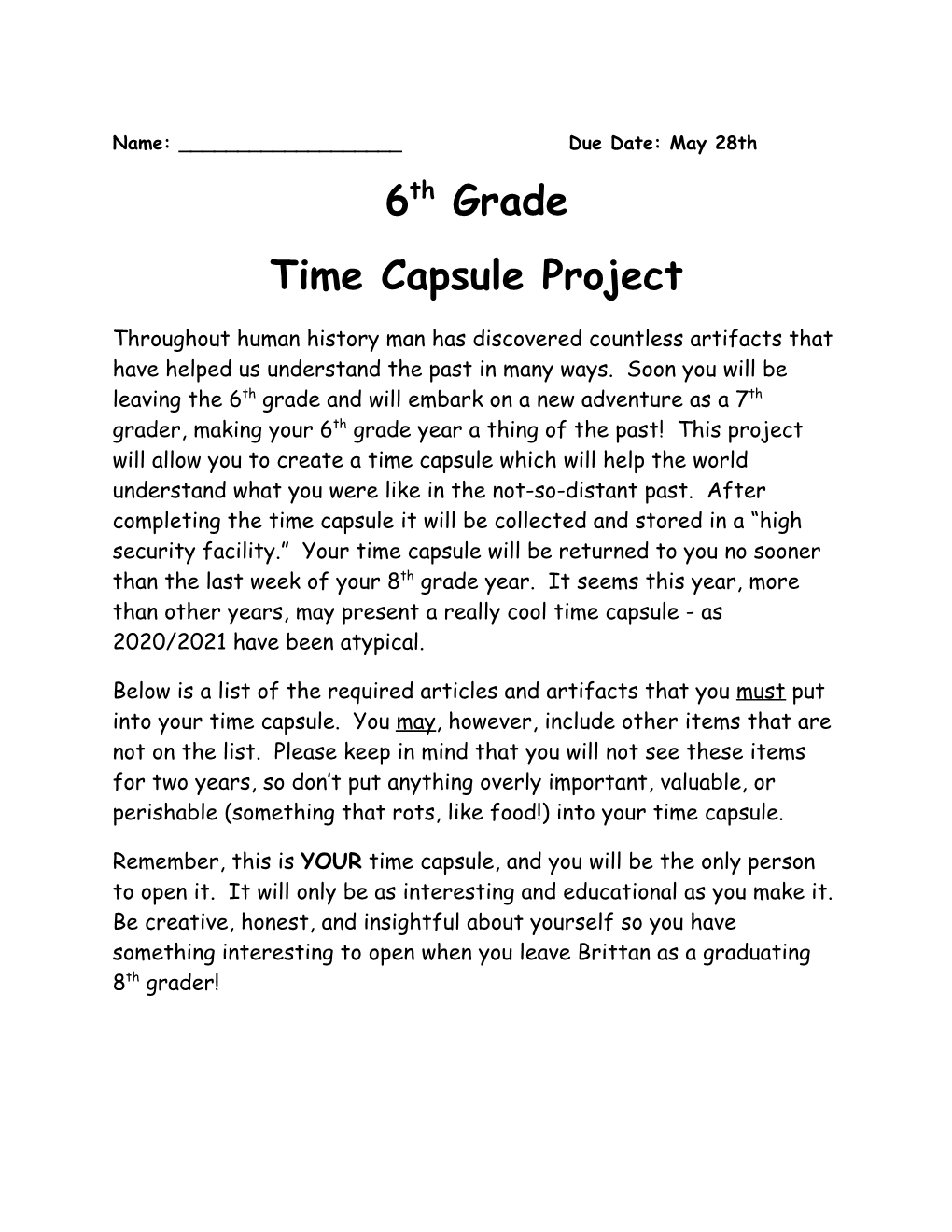 6Th Grade Time Capsule Project