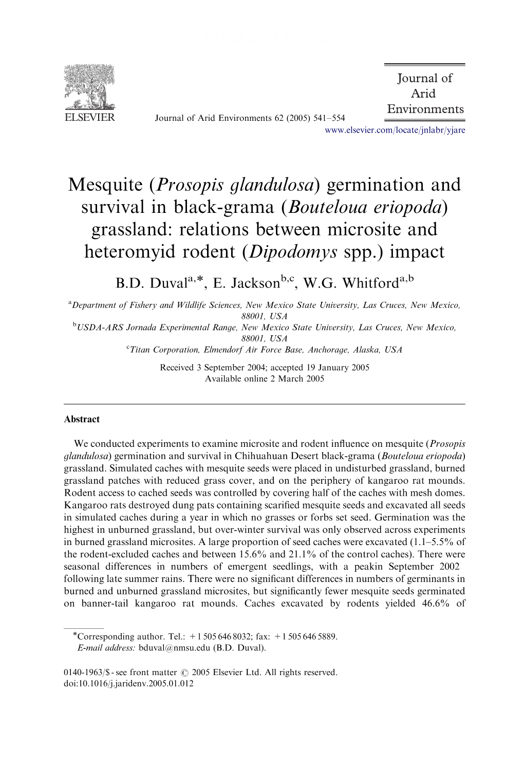 Prosopis Glandulosa) Germination and Survival in Black-Grama (Bouteloua Eriopoda) Grassland: Relations Between Microsite and Heteromyid Rodent (Dipodomys Spp.) Impact