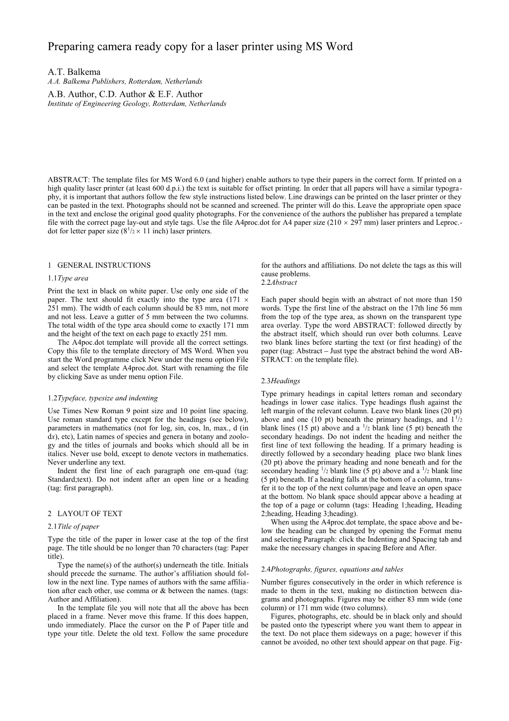 Preparing Camera Ready Copy for a Laser Printer Using MS Word