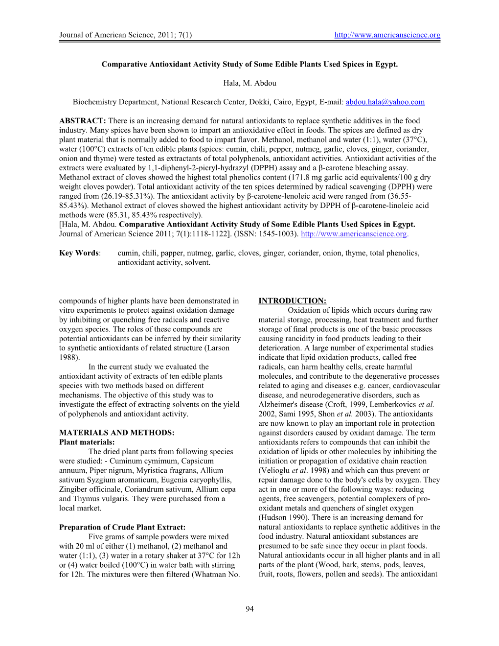 Comparative Antioxidant Activity Study of Some Edible Plants Used Spices in Egypt