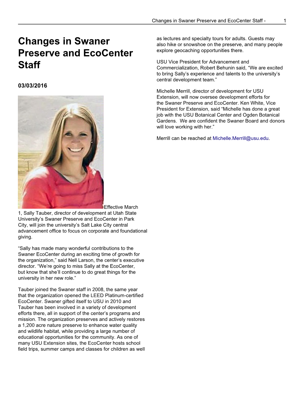 Changes in Swaner Preserve and Ecocenter Staff - 1