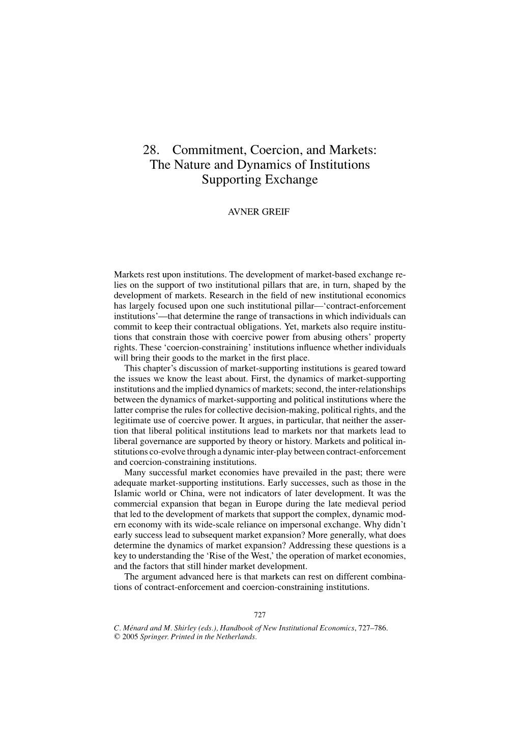 28. Commitment, Coercion, and Markets: the Nature and Dynamics of Institutions Supporting Exchange