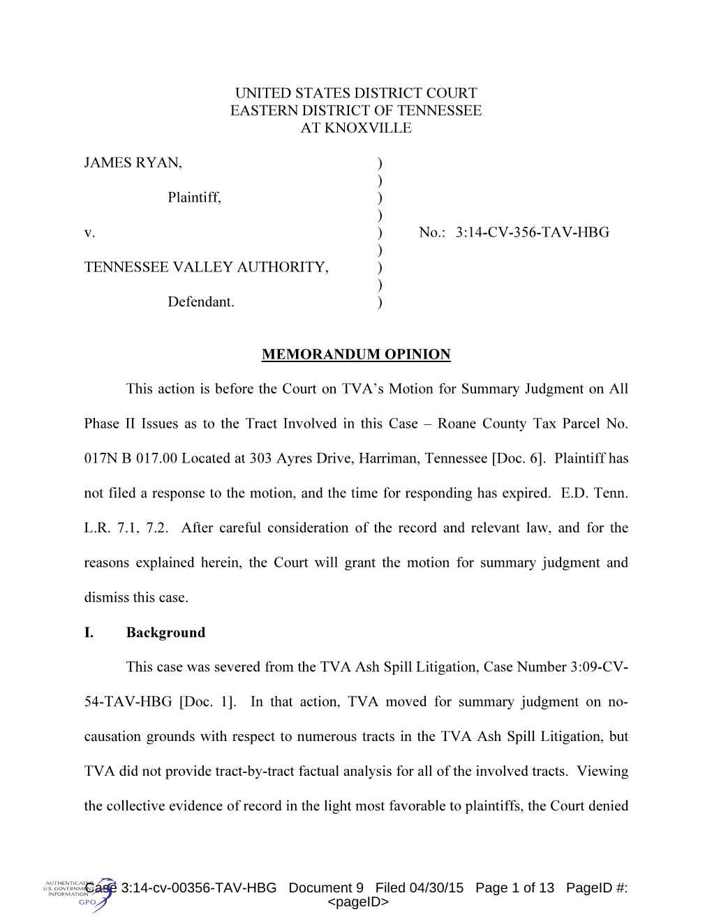 3:14-CV-356-TAV-HBG ) TENNESSEE VALLEY AUTHORITY, ) ) Defendant