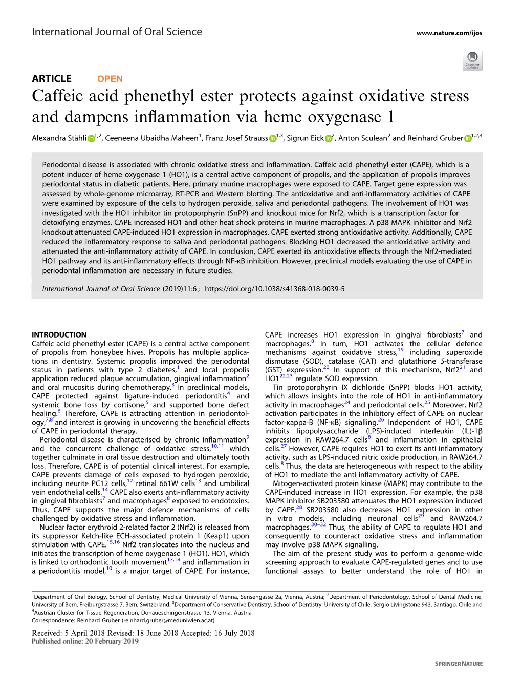 Caffeic Acid Phenethyl Ester Protects Against Oxidative Stress and Dampens Inﬂammation Via Heme Oxygenase 1