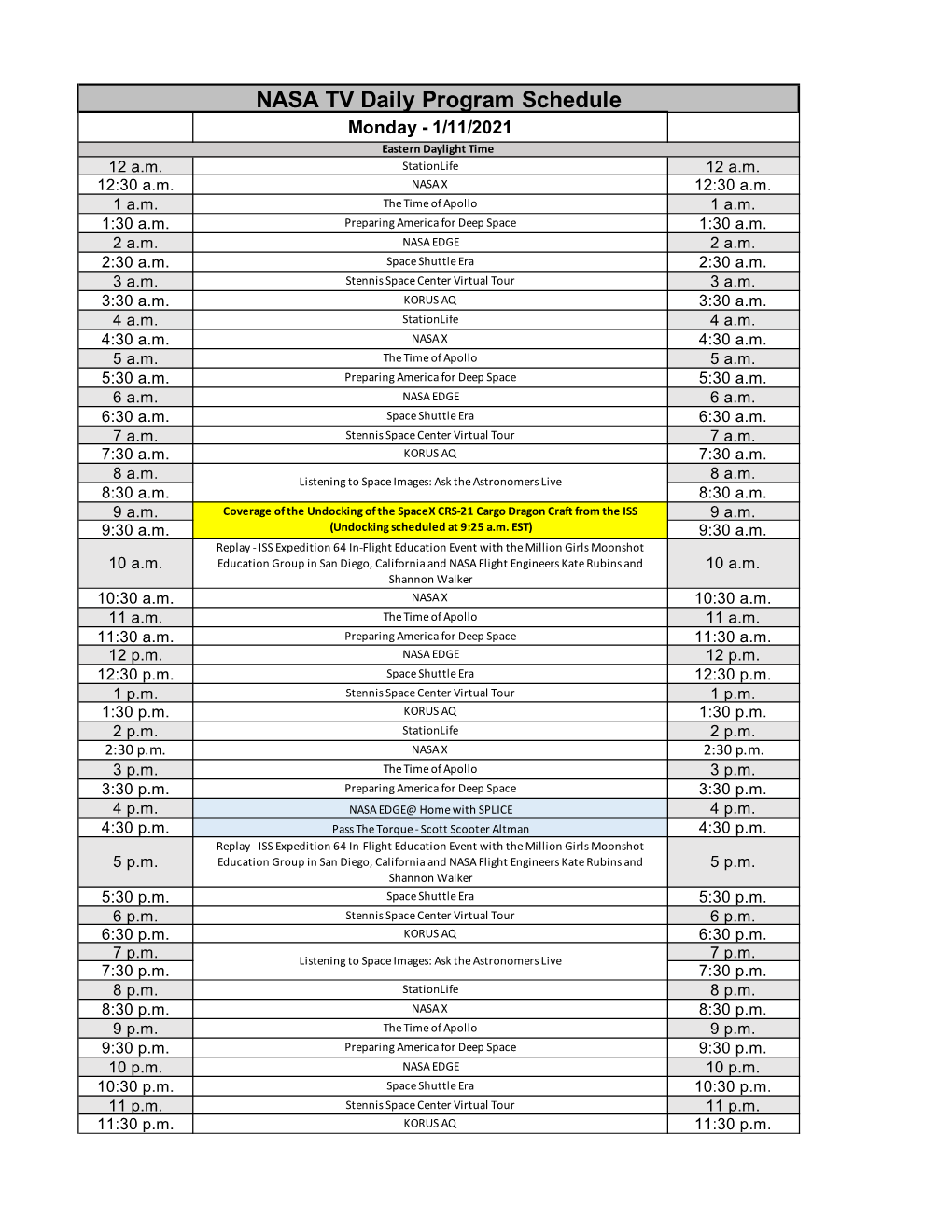 NASA TV Daily Program Schedule Monday - 1/11/2021 Eastern Daylight Time 12 A.M