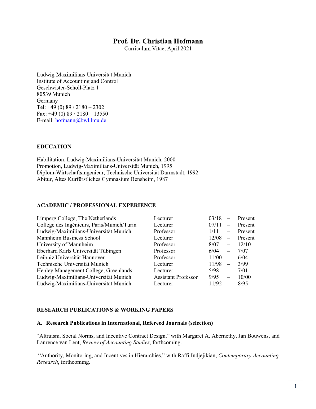 Prof. Dr. Christian Hofmann Curriculum Vitae, April 2021