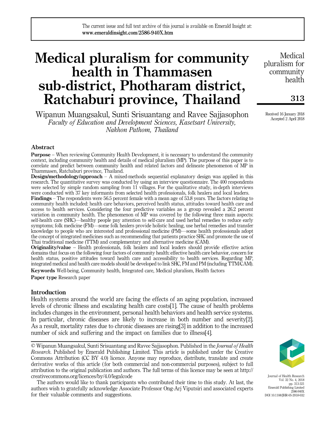 Medical Pluralism for Community Health in Thammasen Sub-District